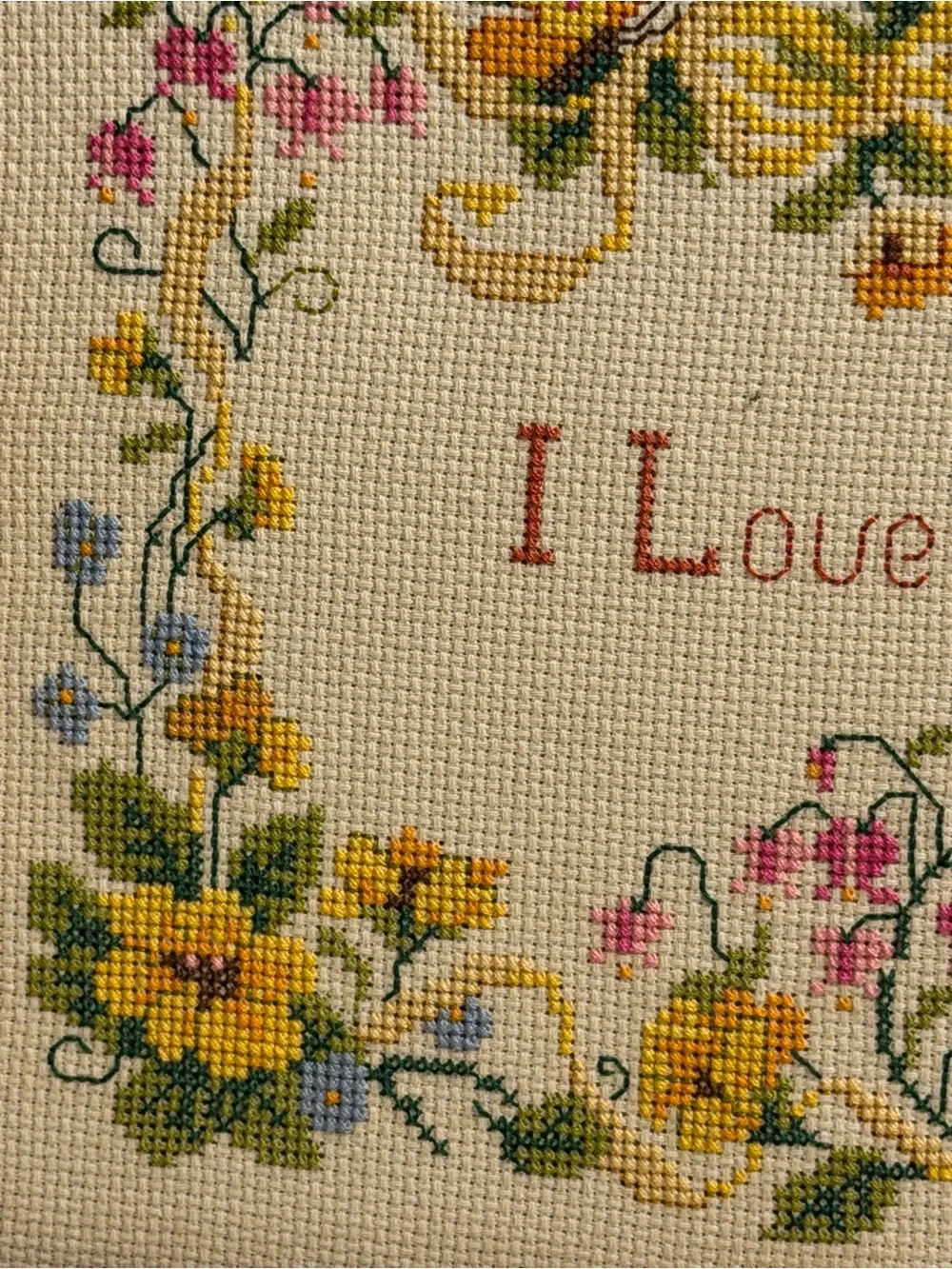 Framed Floral 'I Love You' Cross Stitch Wall Accent - colorful